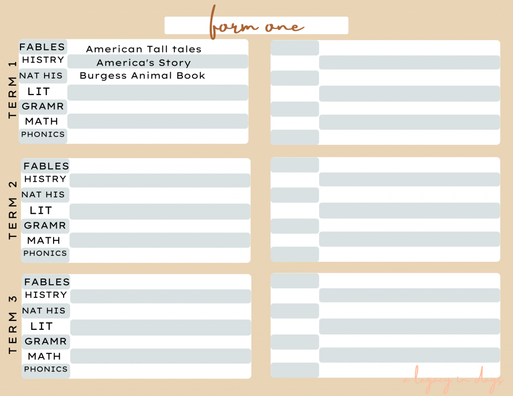 form of a schedule with grid for planning a homeschool year
