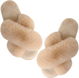 Fuzzy slip on slippers for an idea for a gift for a homemaker